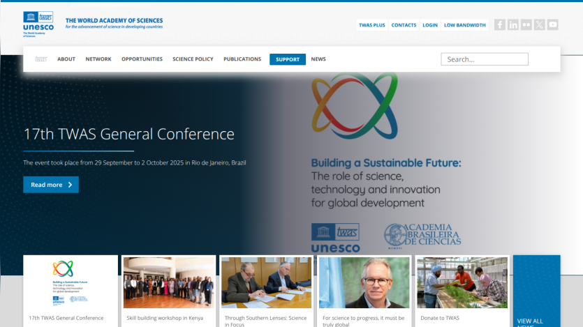 UNESCO TWAS website homepage featuring 17th TWAS General Conference announcement and sustainable future theme