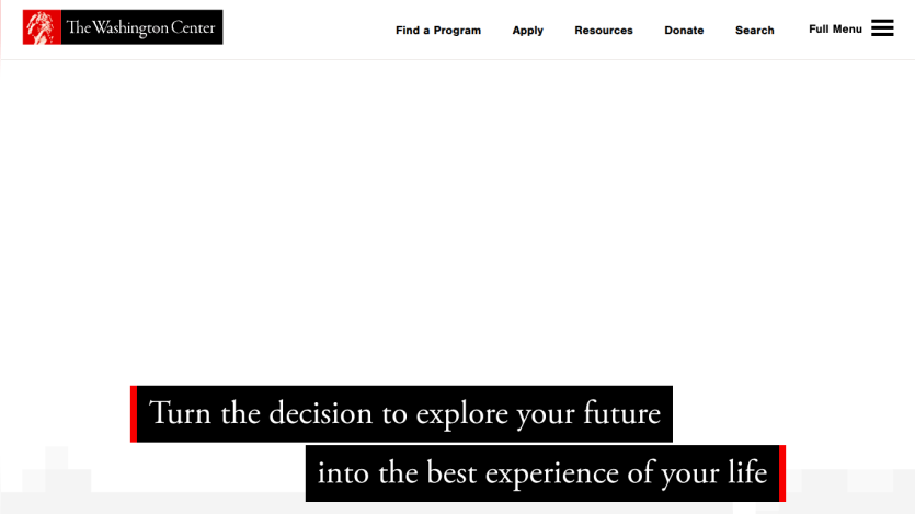 The Washington Center website header with navigation and a motivational hero message about exploring your future