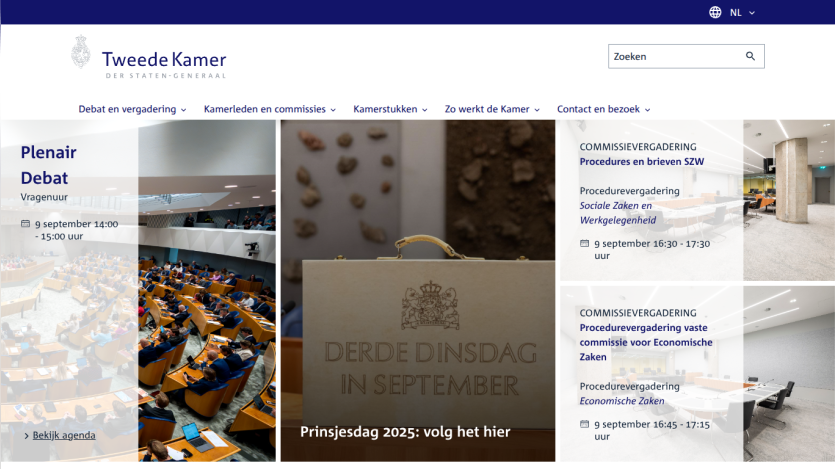 Homepage of Tweede Kamer featuring current debates and events.