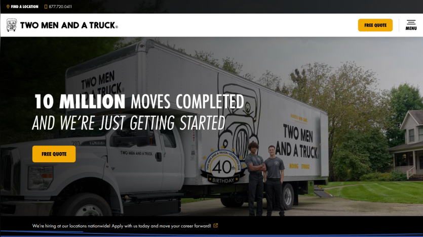 Homepage of Two Men and a Truck showcasing their services and a moving truck.