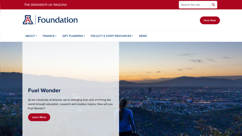 University of Arizona Foundation homepage with navigation and a hero section about Fuel Wonder initiative