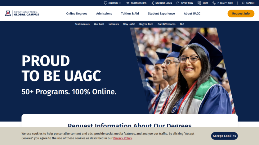 Homepage featuring graduates with text about UAGC programs and online education.