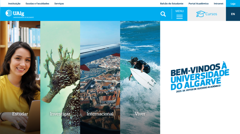 Welcome message and images representing university programs at Universidade do Algarve.