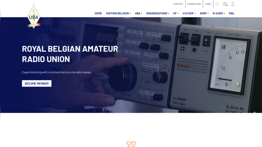 Royal Belgian Amateur Radio Union homepage with navigation and call to become member