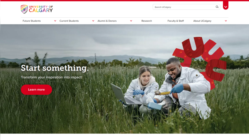 Homepage featuring two people in a field, promoting the message 'Start something.'