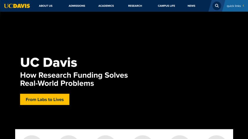UC Davis homepage featuring research funding impact statement and navigation links.