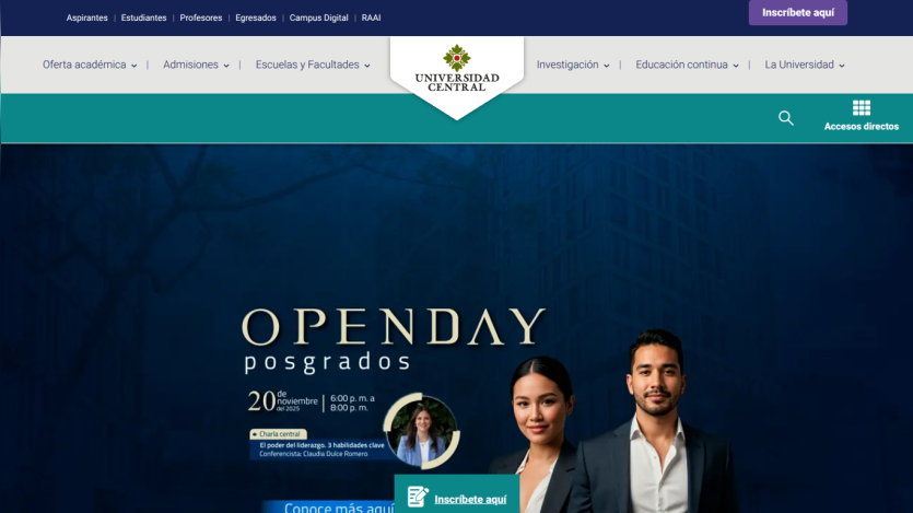 Universidad Central Open Day for postgraduate studies on November 20, 2025, with leadership talk by Claudia Dulce Romero