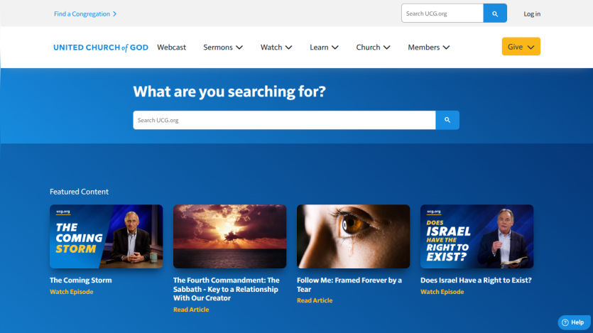 Search bar and featured content section for United Church of God website.