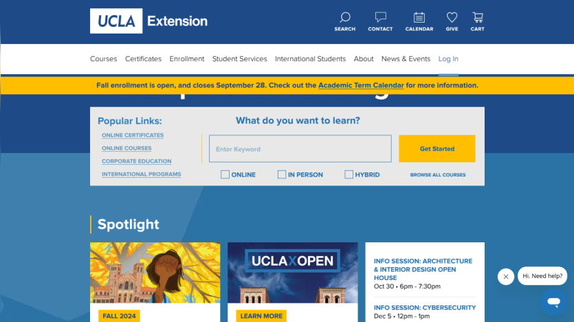 UCLA Extension homepage with navigation, search bar, and featured programs.