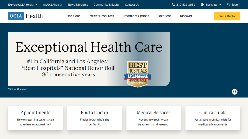 UCLA Health homepage featuring 'Exceptional Health Care' and navigation options.