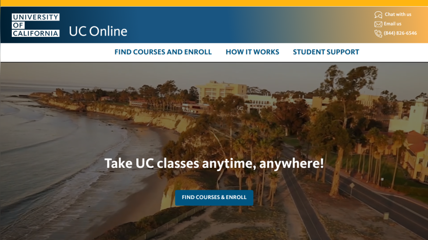University of California online courses homepage with navigation and call to action to find courses and enroll