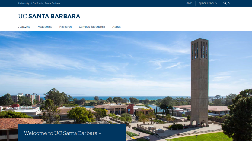 UC Santa Barbara homepage featuring a view of the campus and clock tower.