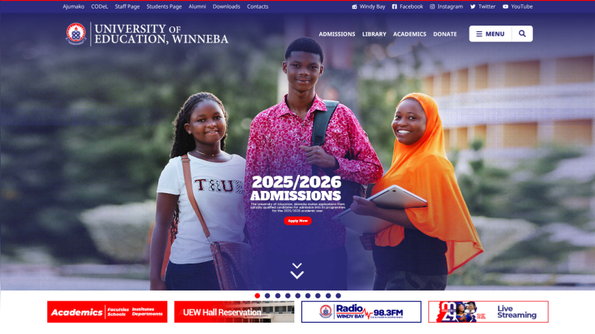 University of Education, Winnipeg homepage with 2025/2026 admissions banner featuring three diverse students