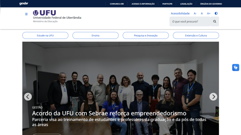 Homepage of UFU featuring a news article about a partnership with Sebrae.