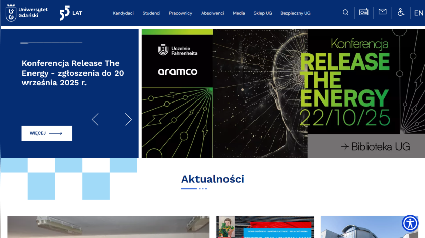 Homepage featuring a conference announcement and recent updates.
