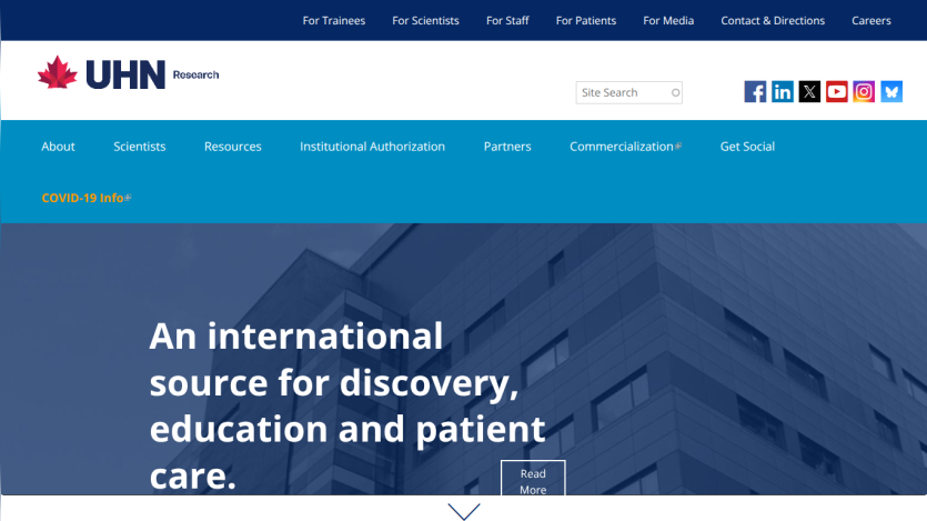 UHN Research homepage with navigation links and headline about discovery, education, and patient care