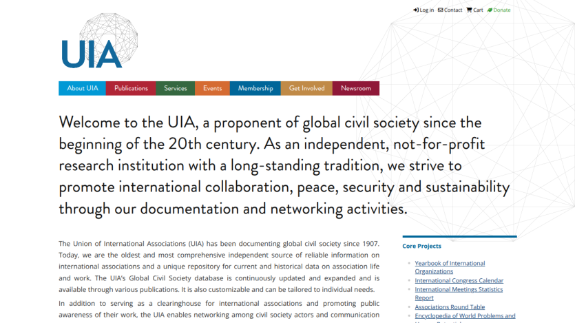 UIA homepage introducing its mission and services for global civil society.