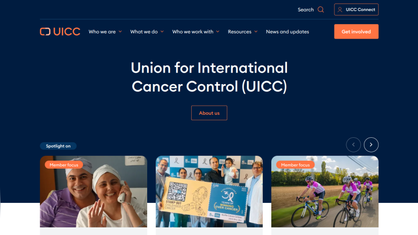 Homepage of UICC featuring images and the title 'Union for International Cancer Control (UICC)'.