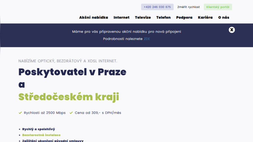 Internet service provider in Prague and Central Bohemia offering optical, wireless, and xDSL internet with speeds up to 2500 Mbps and prices from 309 CZK/month