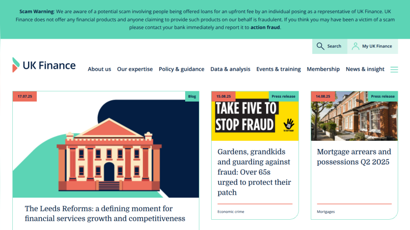 UK Finance homepage featuring a call to action against fraud and financial services information.