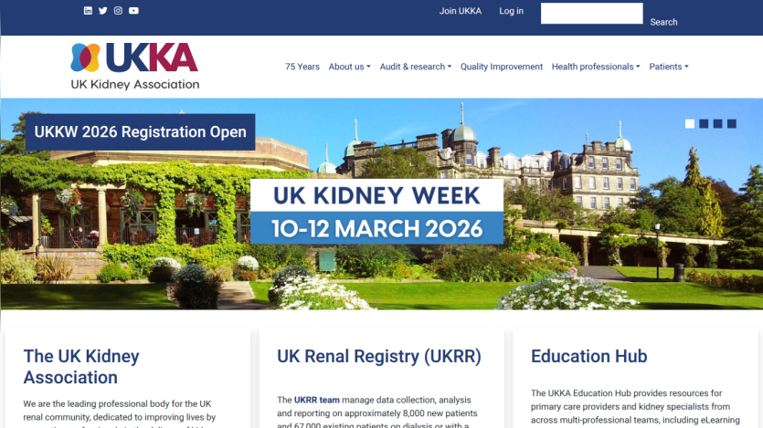 UK Kidney Association homepage promoting UK Kidney Week 10-12 March 2026 with registration open and sections on association, renal registry, and education hub