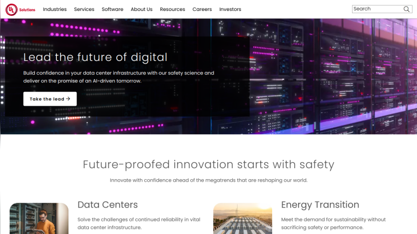 Homepage featuring digital innovation with sections on Data Centers and Energy Transition.