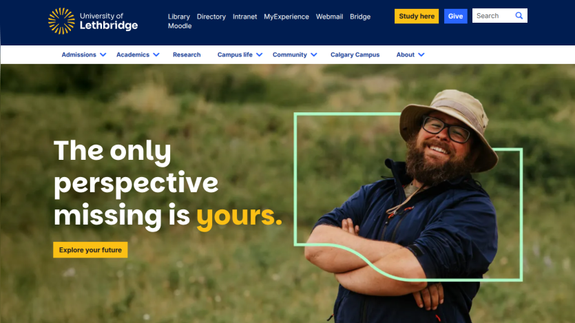 University of Lethbridge homepage featuring a smiling person and the text 'The only perspective missing is yours.'
