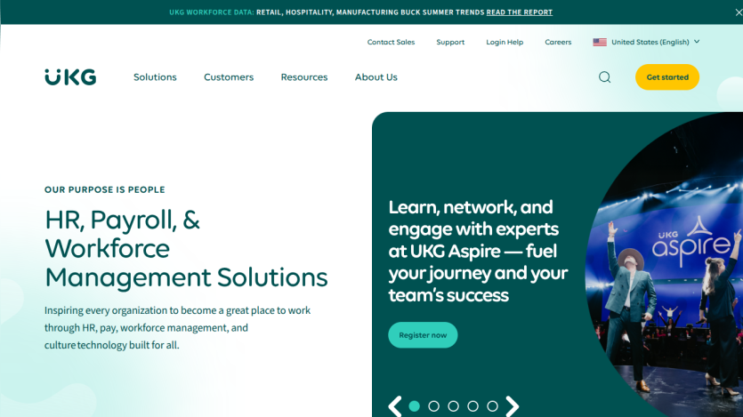 HR, Payroll, & Workforce Management Solutions by UKG with a call to action for engagement.
