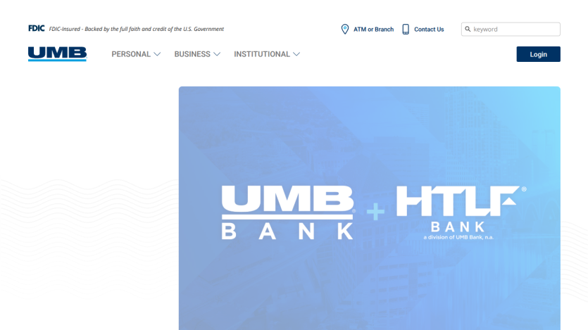 Homepage of UMB Bank featuring logo and navigation options.