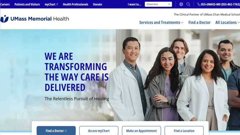 Homepage of UMass Memorial Health featuring a team of healthcare professionals and a call to action.