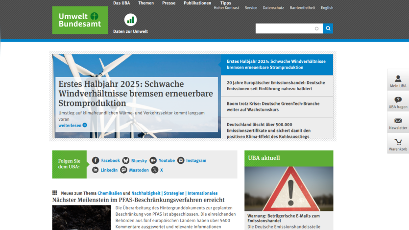 Website of the Federal Environment Agency with news on renewable energy production.