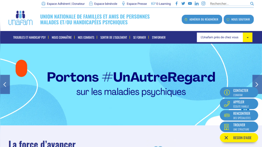 UNAFAM homepage promoting awareness on mental illnesses with navigation and support options