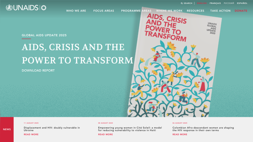 Homepage featuring report on AIDS, crisis, and transformation with download option.