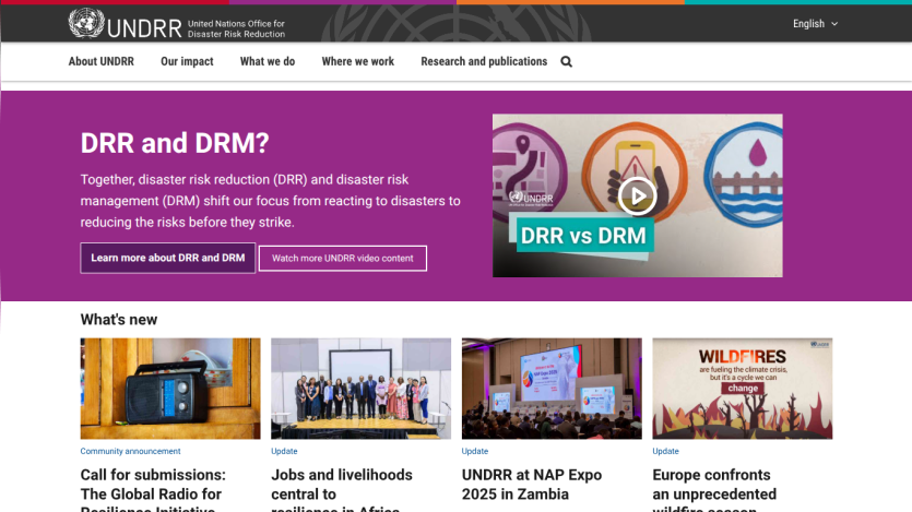 Homepage of UNDRR featuring DRR vs DRM with links to initiatives and events.