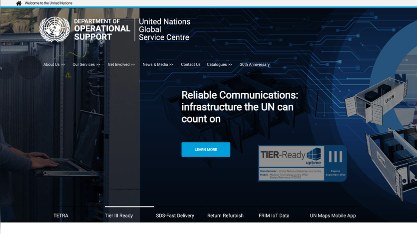 United Nations Department of Operational Support homepage with navigation and a man working on a laptop in a server room