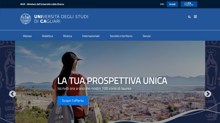University of Cagliari homepage featuring a unique prospect and scenic background.