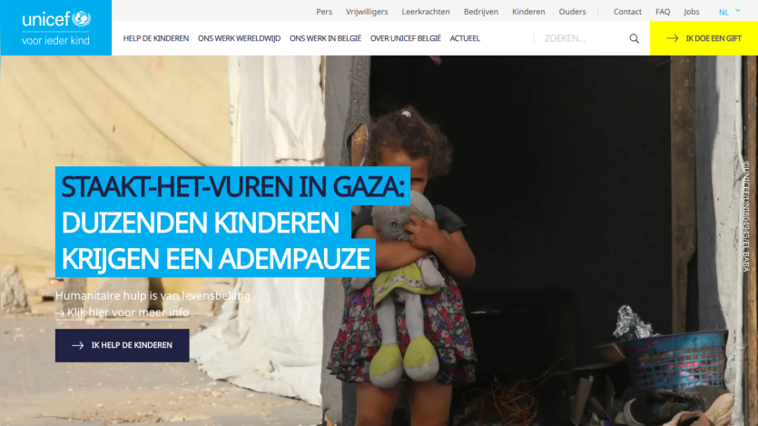 UNICEF Belgium site with headline about Gaza ceasefire and children needing humanitarian aid, call to help children