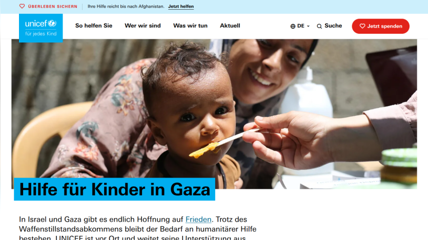 UNICEF website showing aid for children in Gaza with a child being fed and headline 'Hilfe für Kinder in Gaza'