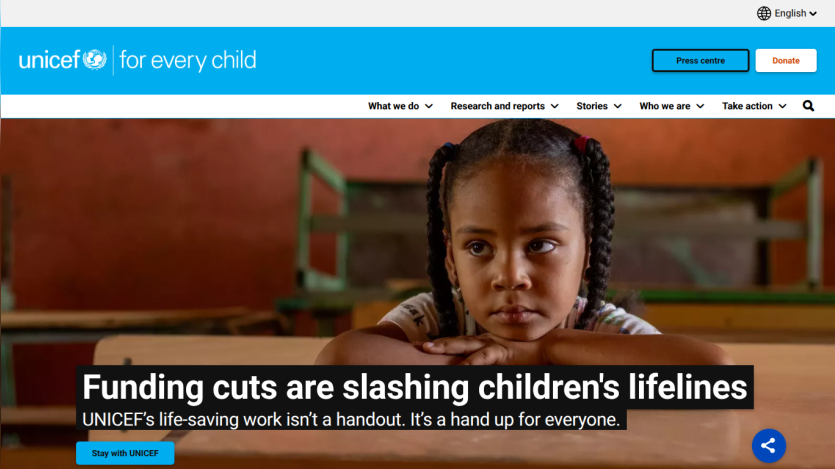 UNICEF's message on funding cuts affecting children's lifelines with a child's image.
