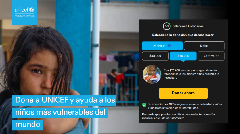 UNICEF donation page encouraging support for vulnerable children with monthly or one-time options