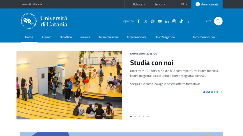 Homepage of Università di Catania featuring students in a common area and a study invitation.