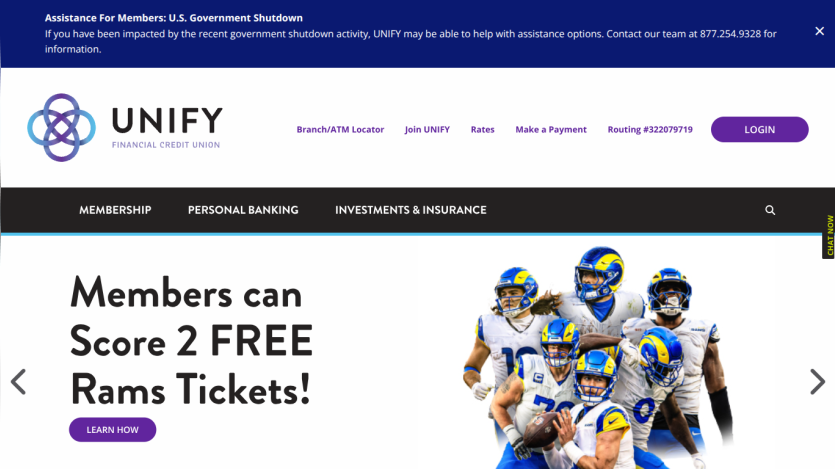 UNIFY Financial Credit Union homepage with mortgage offers and family image, navigation links, and login button