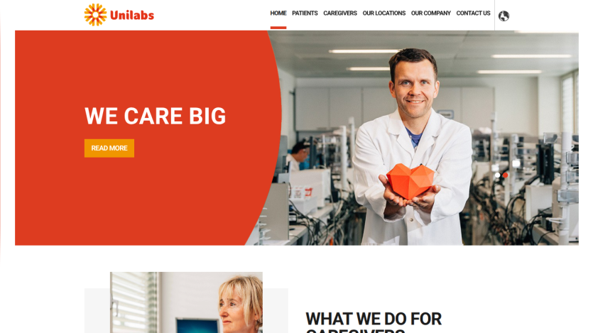 Unilabs homepage with navigation menu and hero section featuring a scientist holding a heart model and text 'WE CARE BIG'