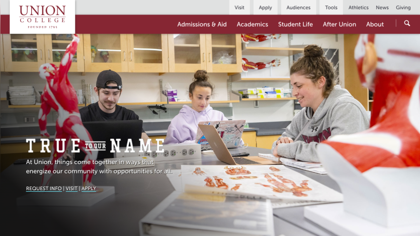 Union College homepage featuring students engaged in a lab setting with the text 'TRUE TO YOUR NAME'.
