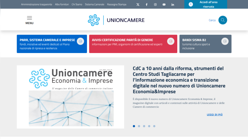 Unioncamere homepage with navigation links and featured article on economic information and digital transition