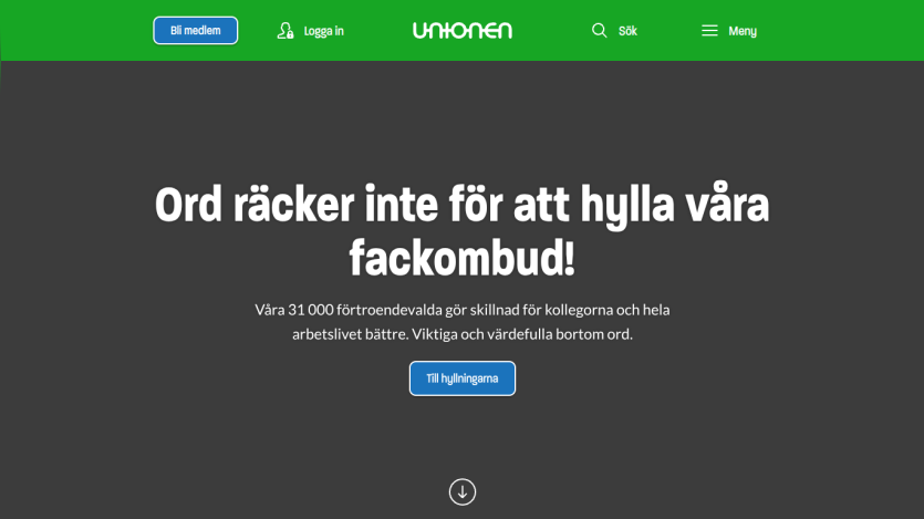 Unionen website hero with headline about honoring union representatives and a call-to-action button