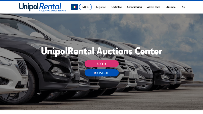 UnipolRental Auctions Center homepage with row of cars and login and registration buttons