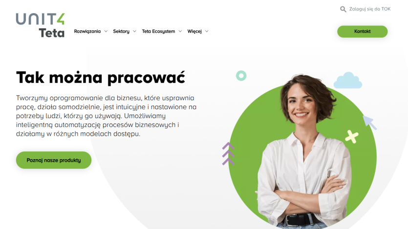 Business software improving work efficiency with automation and intuitive design, featuring a smiling woman and product button