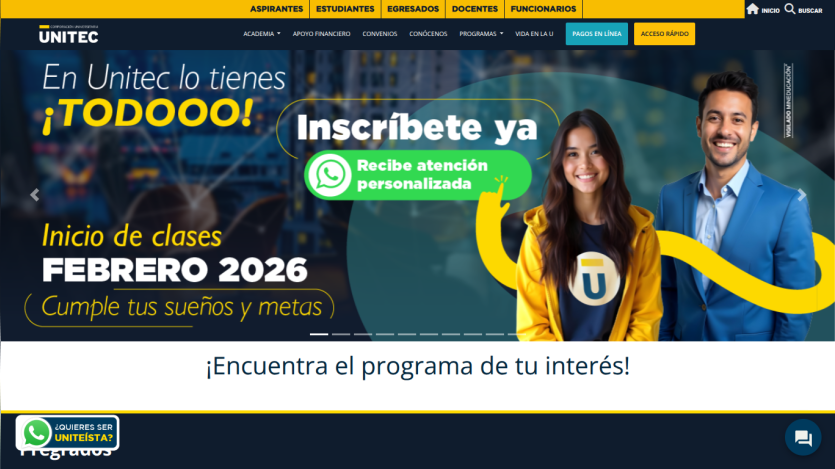 Unitec university homepage with February 2026 class start and personalized WhatsApp attention invitation