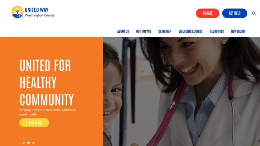 Homepage with navigation bar, large hero image featuring a smiling woman and text 'The future of work is hybrid' with a call-to-action button